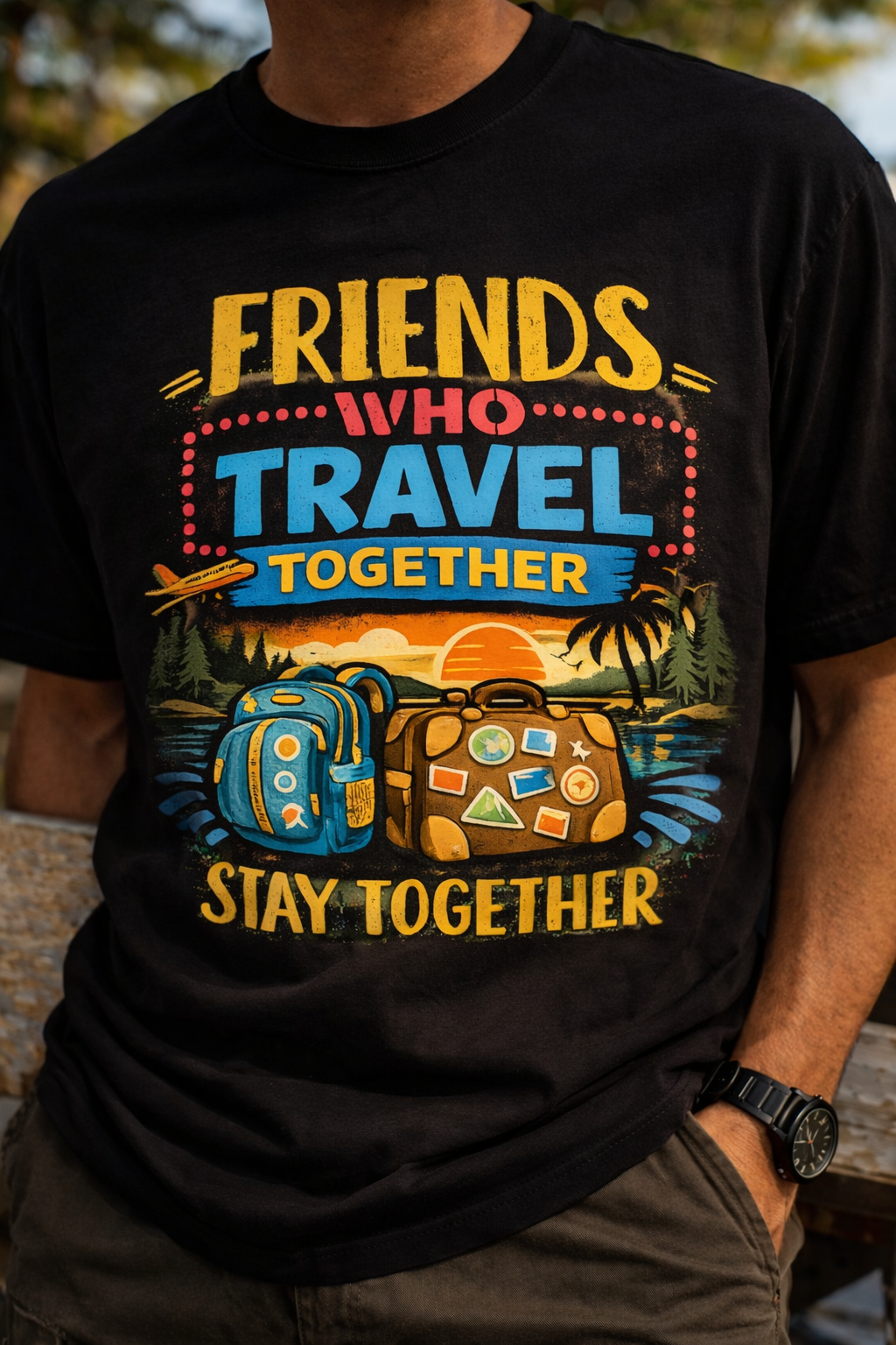 Friends Who Travel Together Stay Together Printed Travel Wear T-Shirt | Friendship Travel Graphic Casual Tee