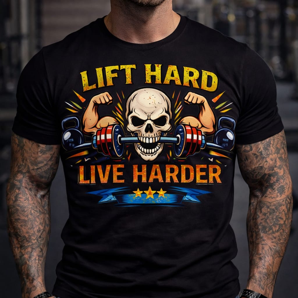 Motivational gym T-shirt with skull fitness graphic and dynamic barbell illustration
