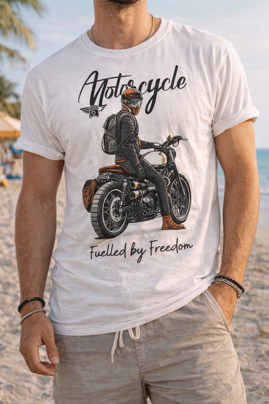Motorcycle Fueled By Freedom T-shirt with detailed rider illustration for bikers