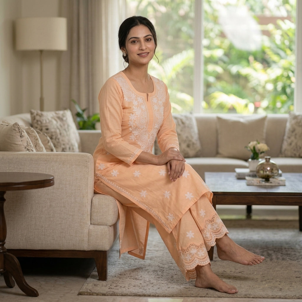 Elegant Peach Lucknowi Chikan Embroidered Suit Set for Women