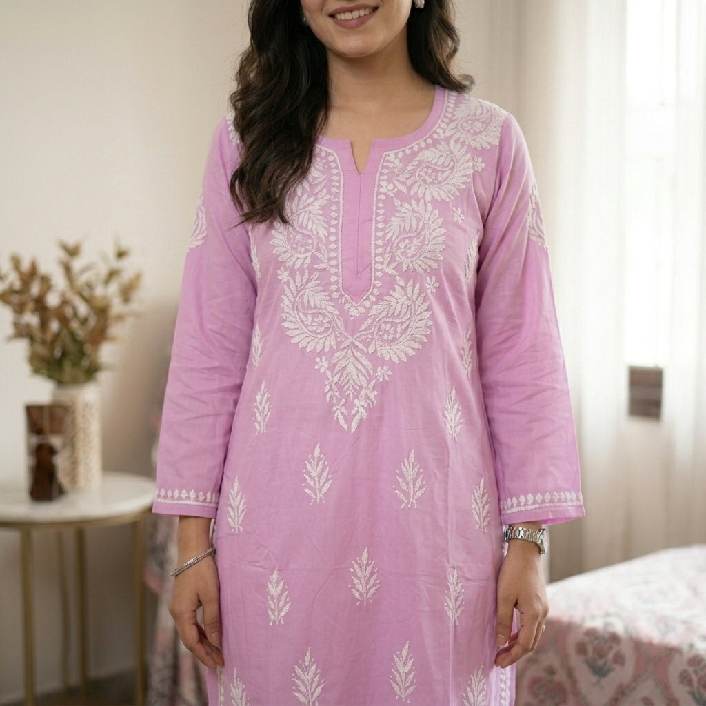 Elegant Pink Lucknowi Chikan Embroidered Kurti for Women