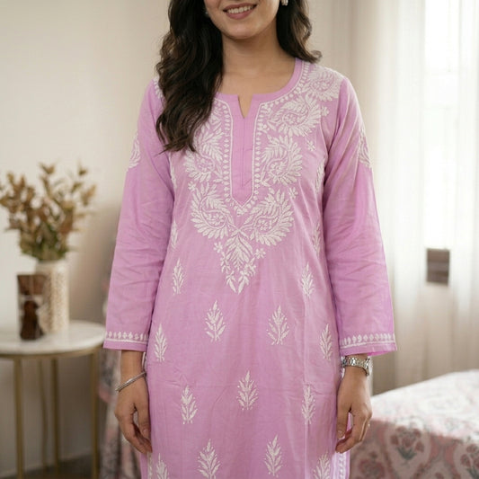 Elegant Pink Lucknowi Chikan Embroidered Kurti for Women