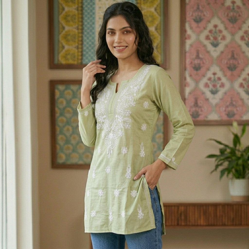 Stylish Green Lucknowi Chikan Short Kurti for Women