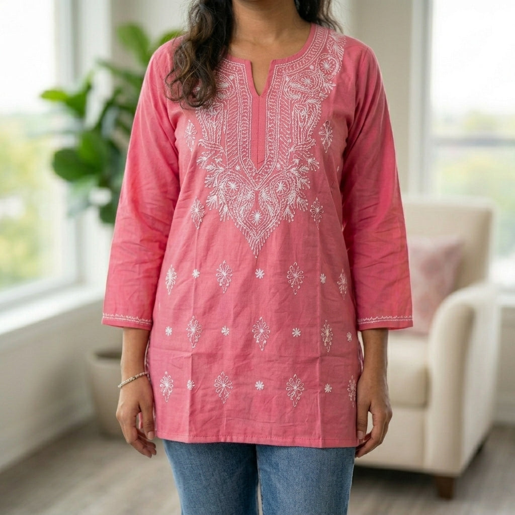 Elegant Dark Pink Lucknowi Chikan Short Kurti for Women