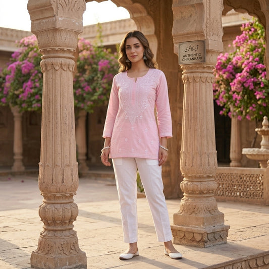 Graceful Light Pink Lucknowi Chikan Short Kurti for Women