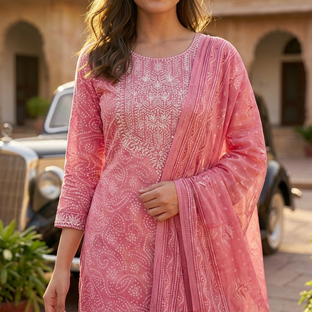 Elegant Pink Cotton Suit Set for Women