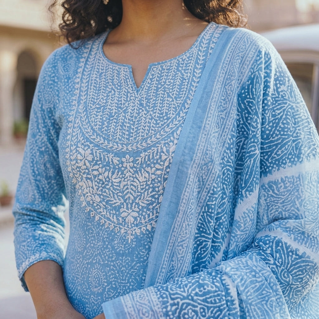 Graceful Sky Blue Cotton Suit Set for Women | Soft, Breathable & Comfortable