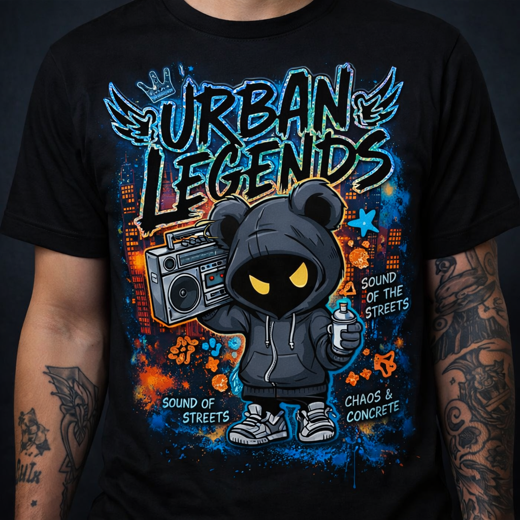 Black cotton T-shirt with Urban Legends streetwear graphic featuring cartoon bear and graffiti