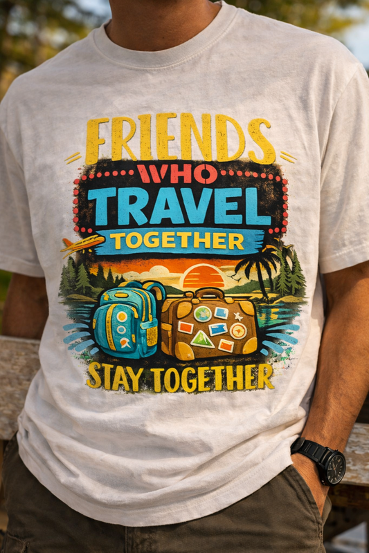 Friends Who Travel Together Stay Together Printed Travel Wear T-Shirt | Friendship Travel Graphic Casual Tee