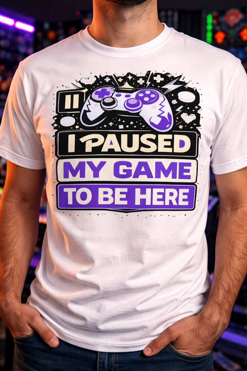 I Paused My Game To Be Here Printed Gamer T-Shirt – Funny Gaming Statement Tee