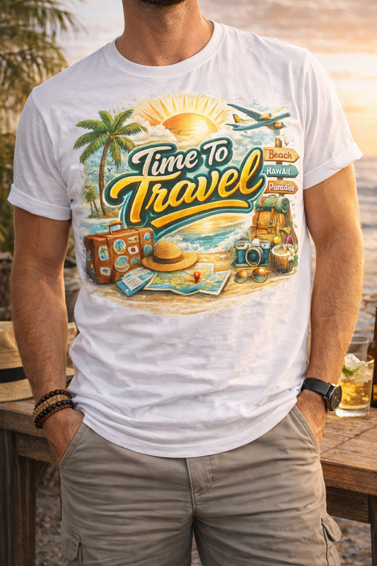 Time To Travel Printed Travel Wear T-Shirt | Wanderlust Adventure Graphic Casual Tee