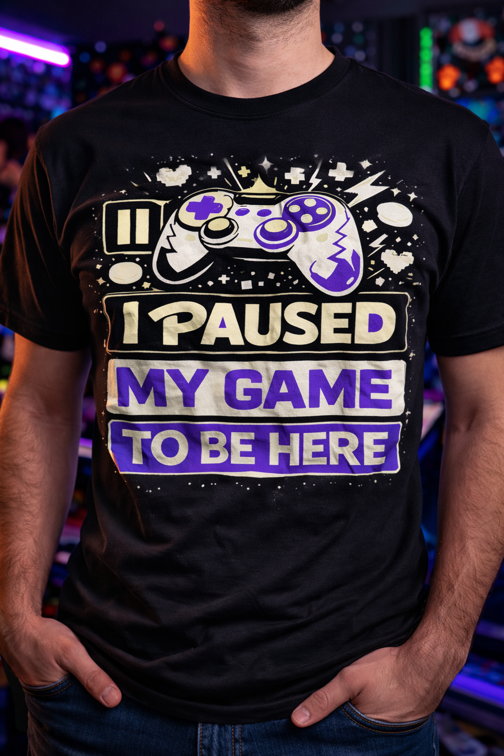 I Paused My Game To Be Here Printed Gamer T-Shirt – Funny Gaming Statement Tee