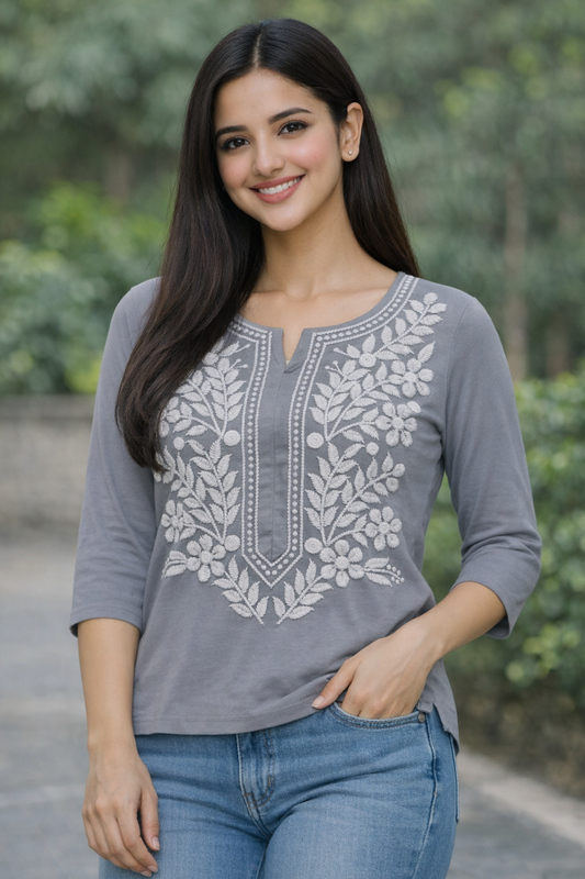 Elegant Grey Lucknawi Chikan Kurta