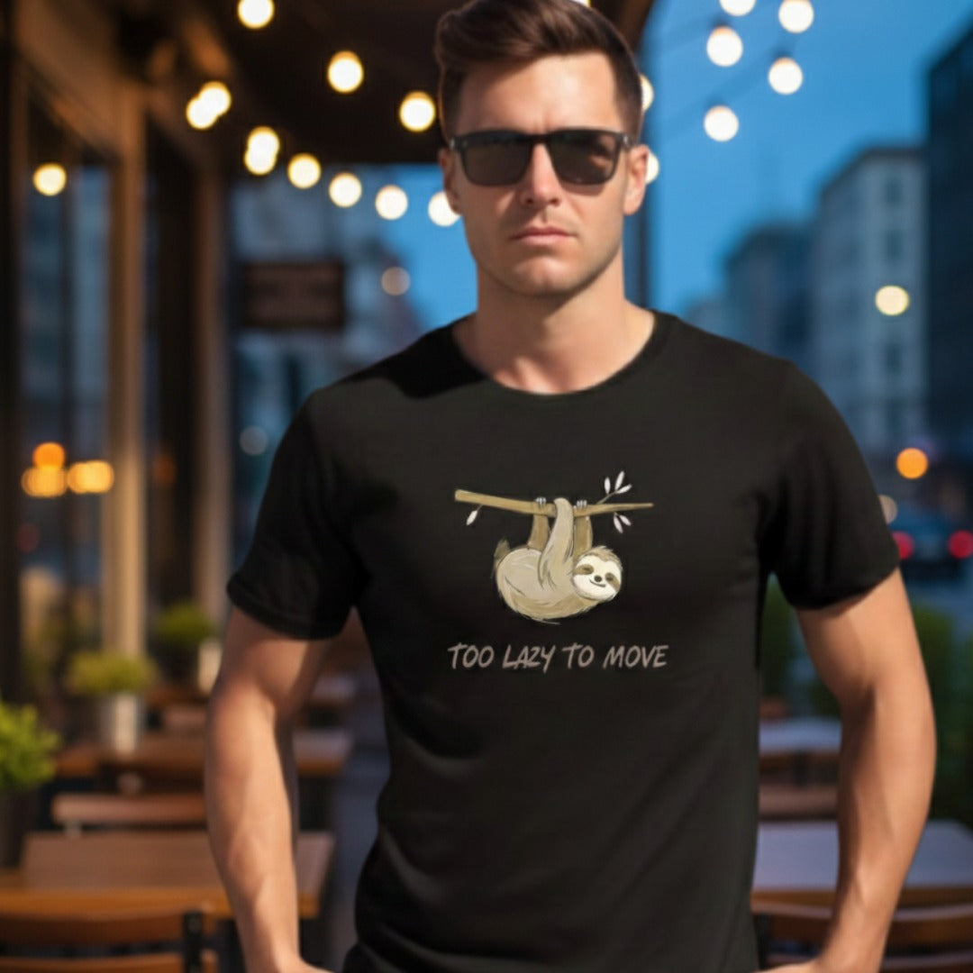Casual sloth graphic tee in soft fabric with humorous laid-back illustration