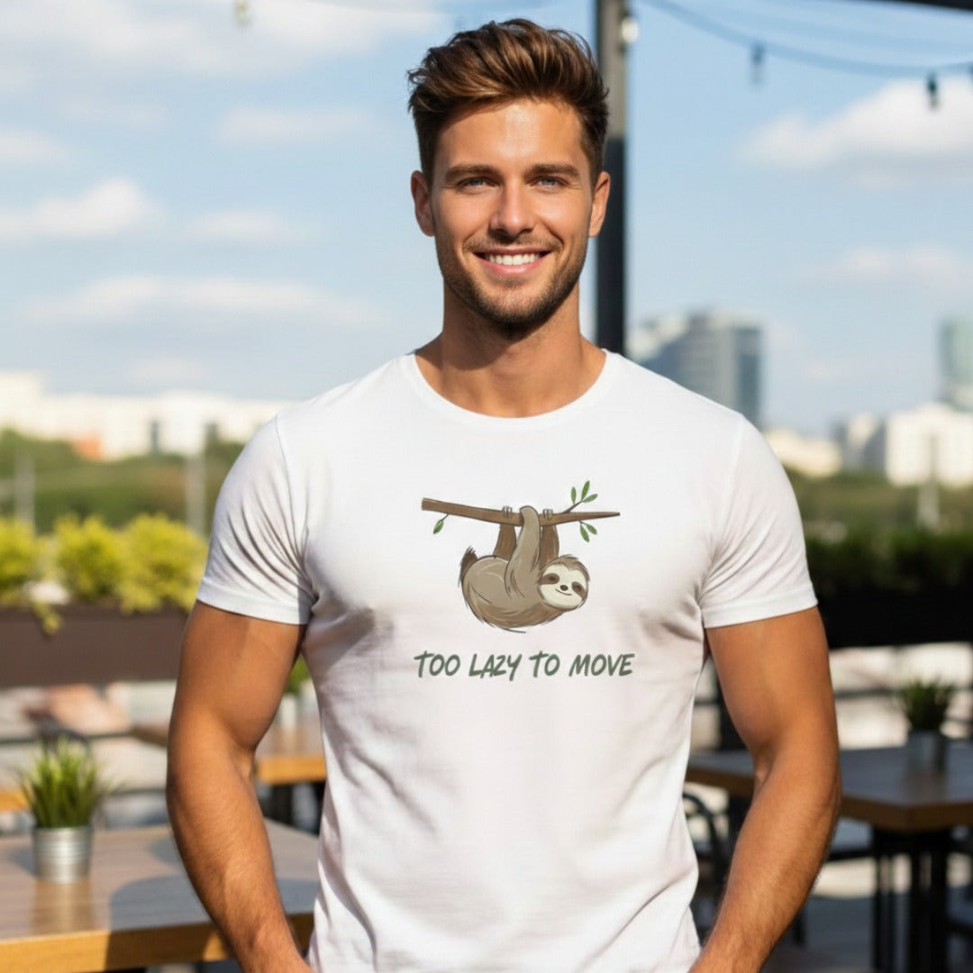 Lazy sloth graphic T-shirt with cartoon sloth on branch and 'Too Lazy to Move' text