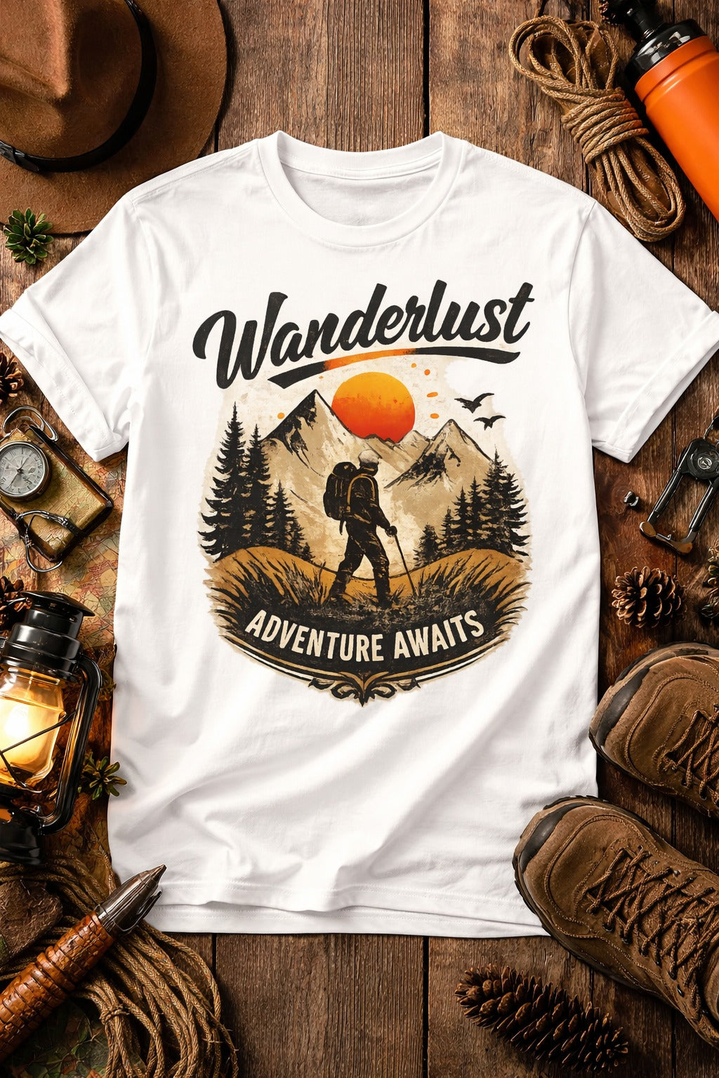 Adventure graphic tee featuring mountain hiker and orange sun nature illustration