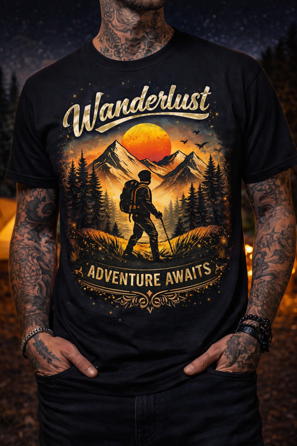 Wanderlust Adventure graphic T-shirt with hiker silhouette and mountain sunset design