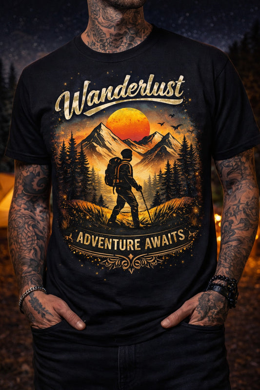 Wanderlust Adventure graphic T-shirt with hiker silhouette and mountain sunset design