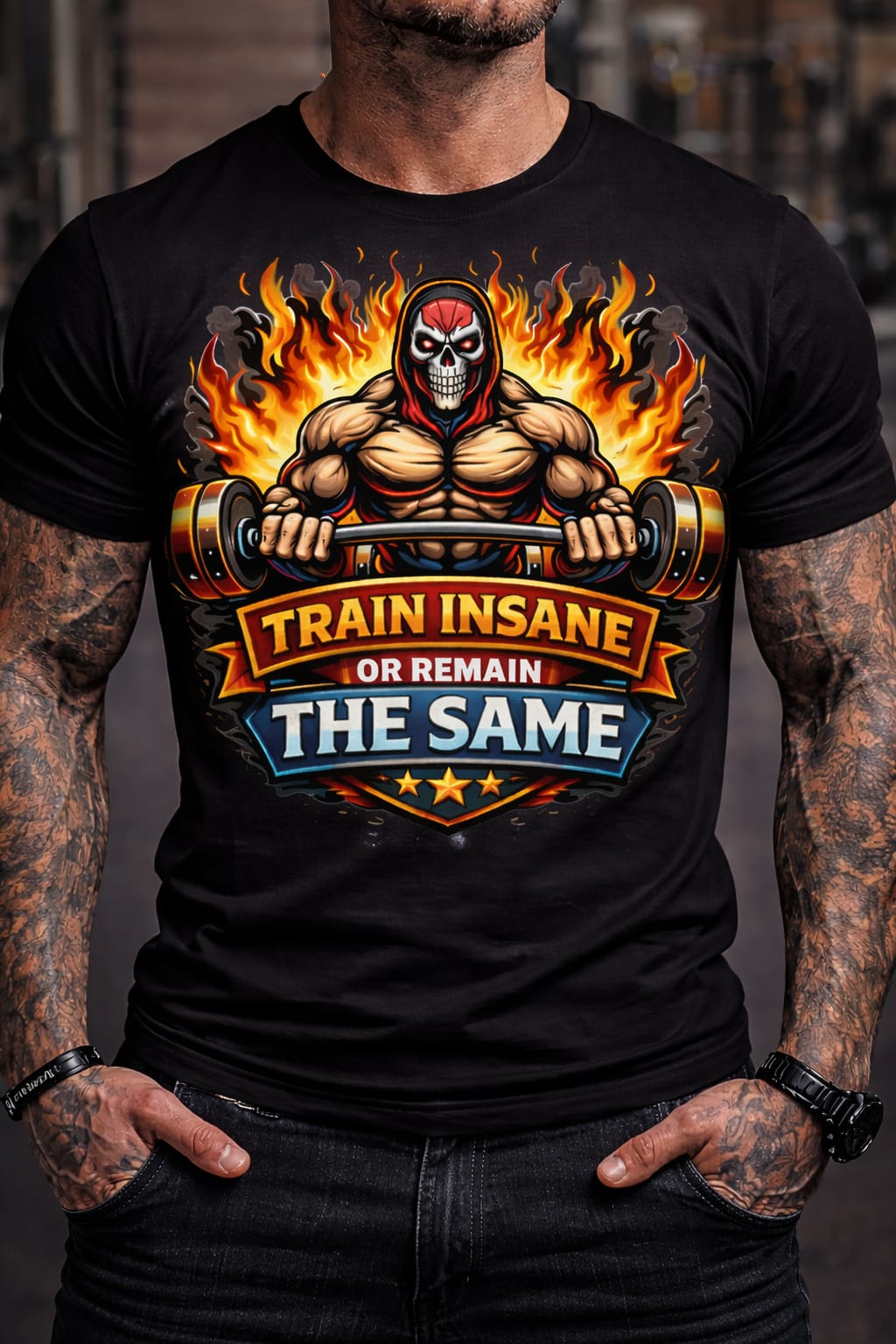 Motivational fitness tee with fierce powerlifter graphic and fiery flame design