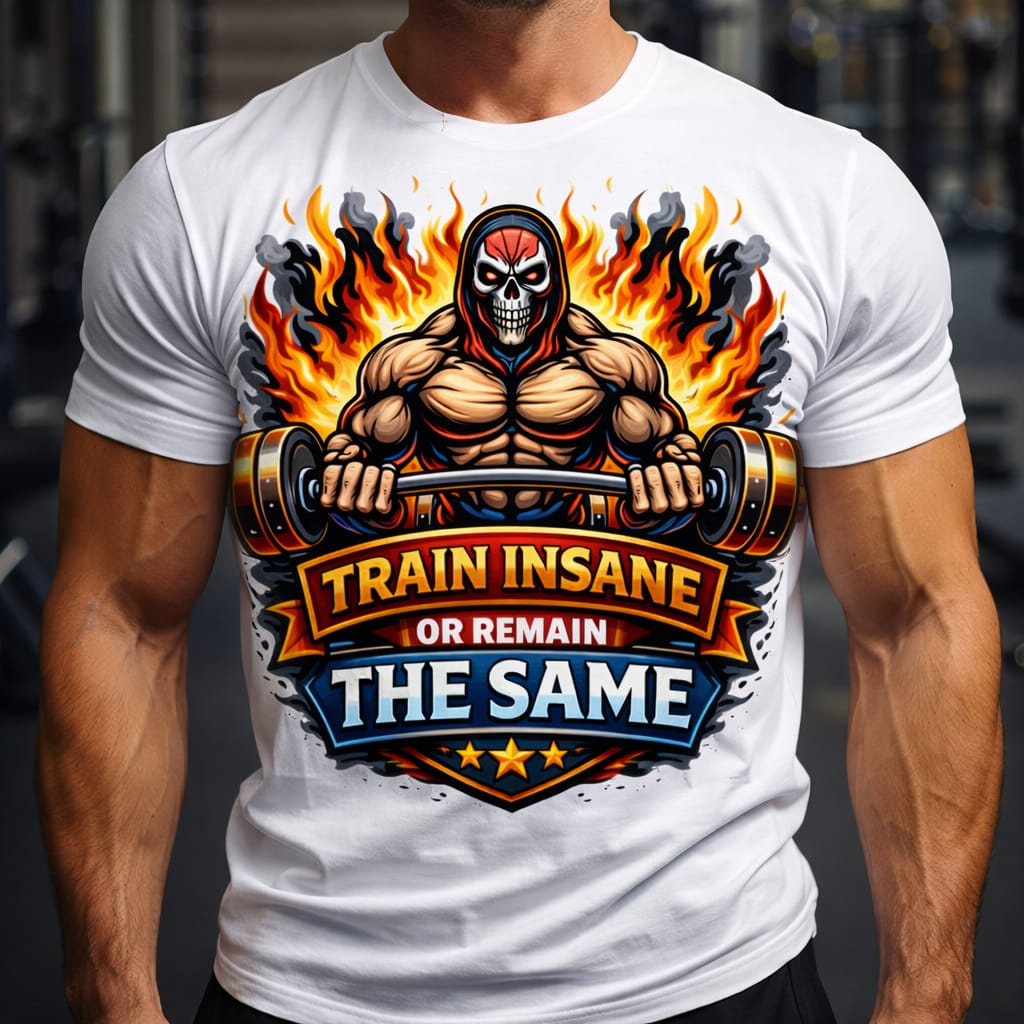 Train Insane gym T-shirt with masked character lifting barbell surrounded by flames