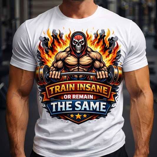Train Insane gym T-shirt with masked character lifting barbell surrounded by flames