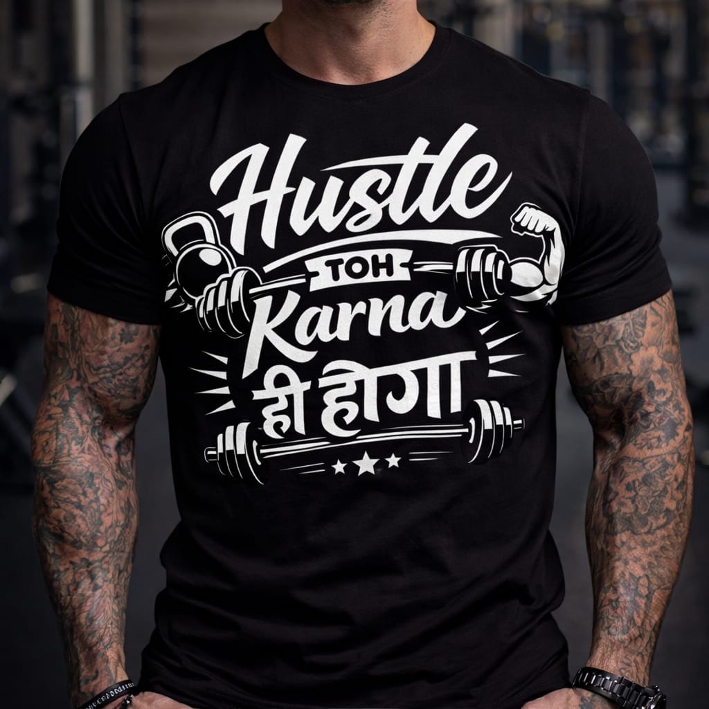 Hustle motivational fitness tee with bilingual English-Hindi slogan and dumbbell design