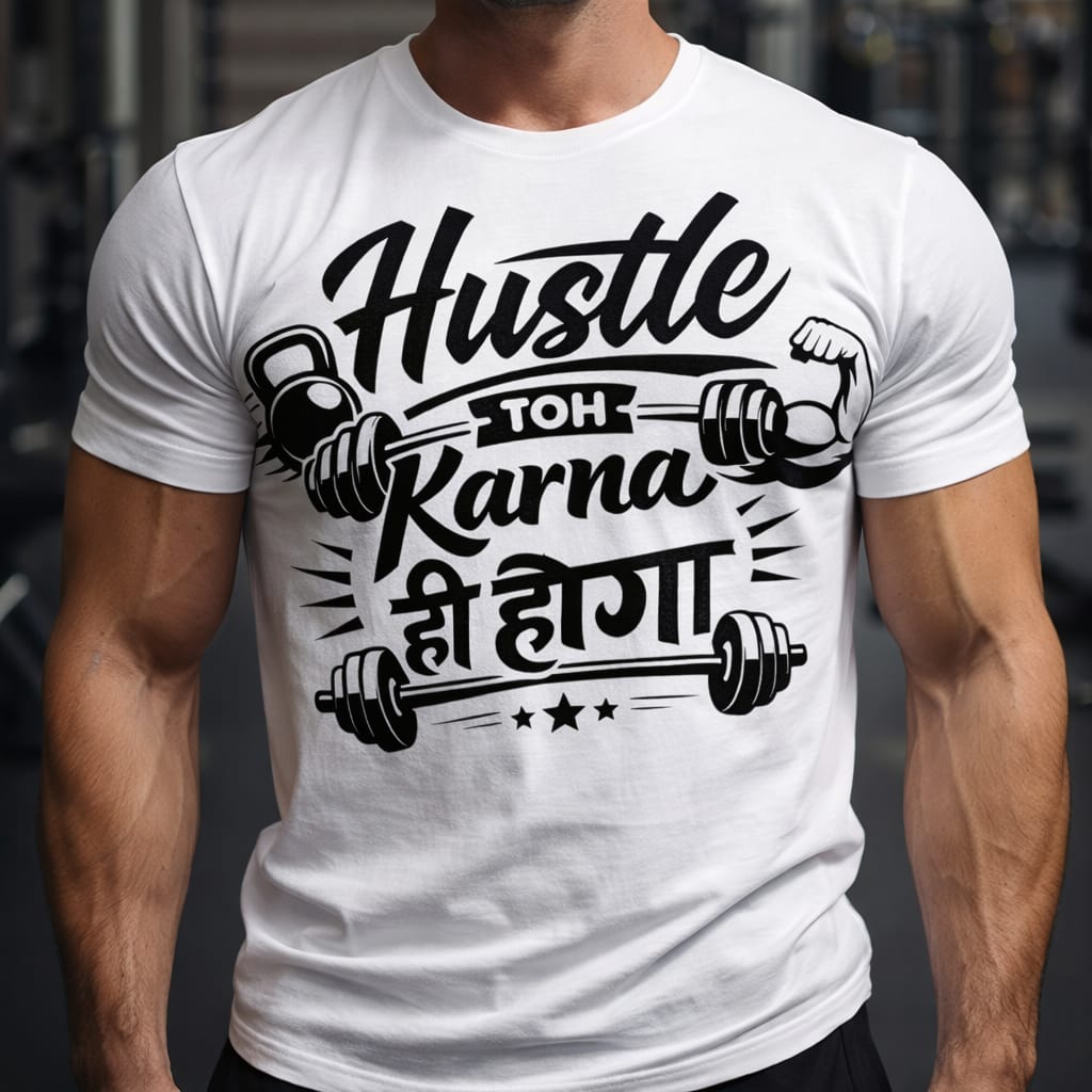 Black gym T-shirt with Hindi motivational text and flexed arms holding dumbbells graphic