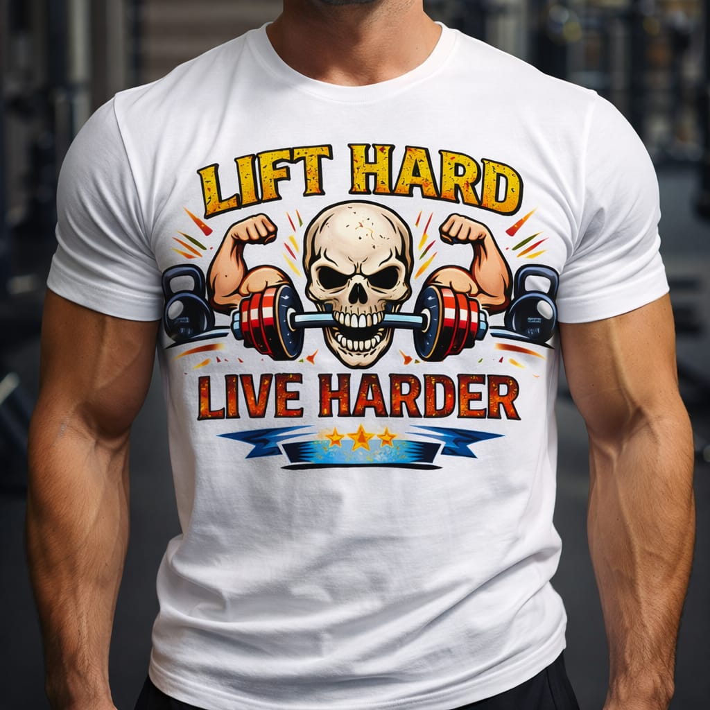 Lift Hard Live Harder gym tee with skull holding barbell and kettlebell strength graphic