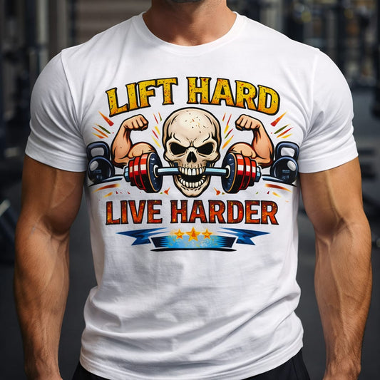 Lift Hard Live Harder gym tee with skull holding barbell and kettlebell strength graphic