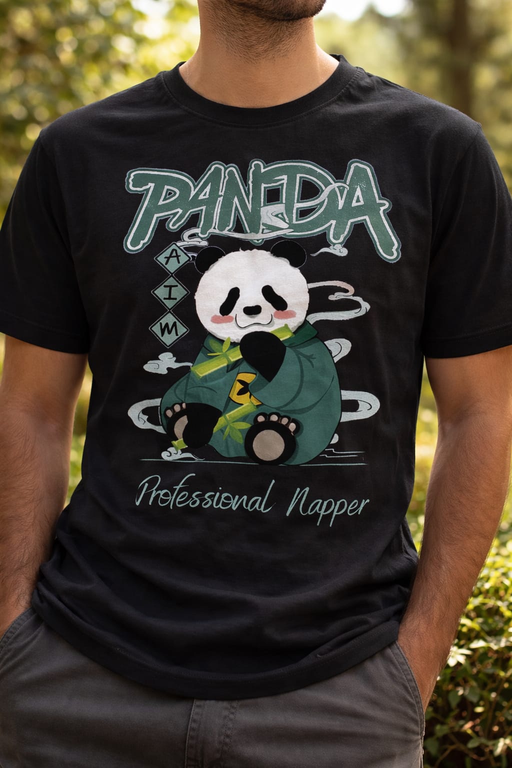 Kawaii panda graphic T-shirt with Professional Napper slogan and cute green hoodie design