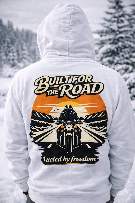 Built For The Road motorcycle hoodie with rider graphic on open road and mountain sunset