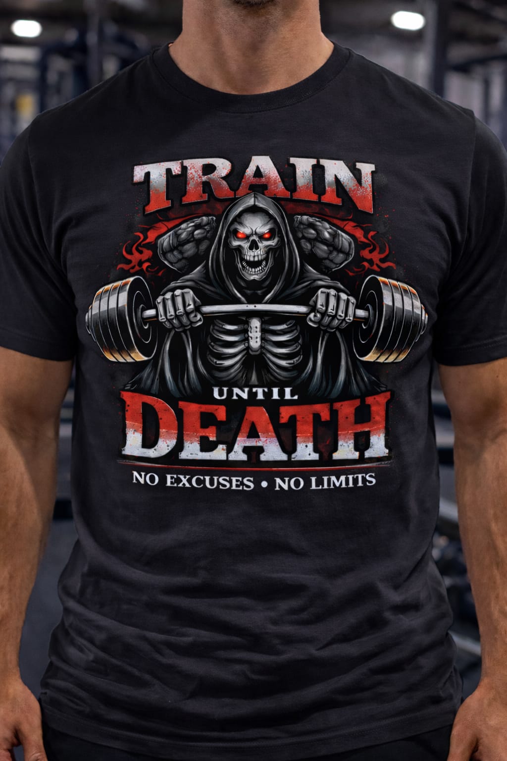 No Excuses No Limits gym tee with bold skull lifting weights motivational design