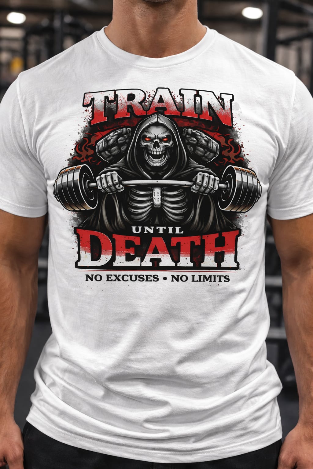 Train Until Death skull reaper gym T-shirt with hardcore fitness graphic in red and black