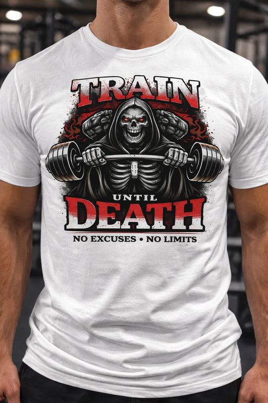 Train Until Death skull reaper gym T-shirt with hardcore fitness graphic in red and black