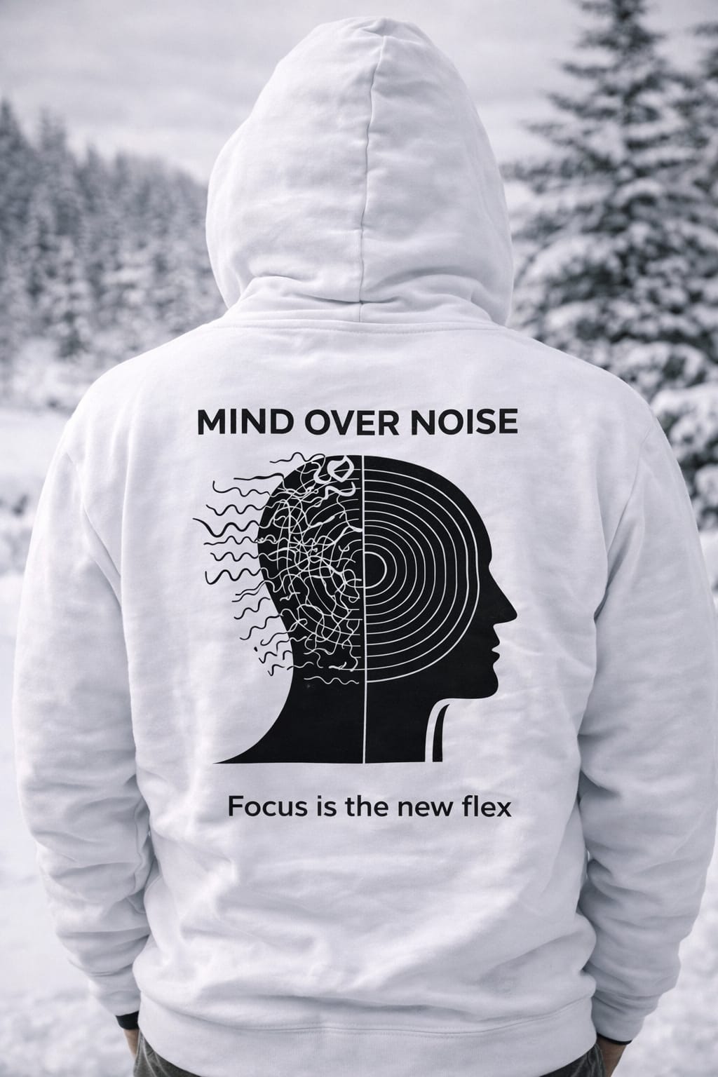Mind Over Noise hoodie with half-brain silhouette graphic and Focus Is The New Flex print