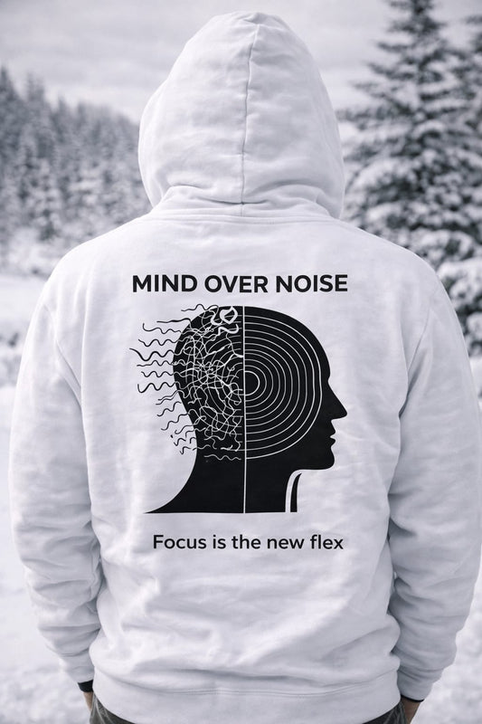 Mind Over Noise hoodie with half-brain silhouette graphic and Focus Is The New Flex print
