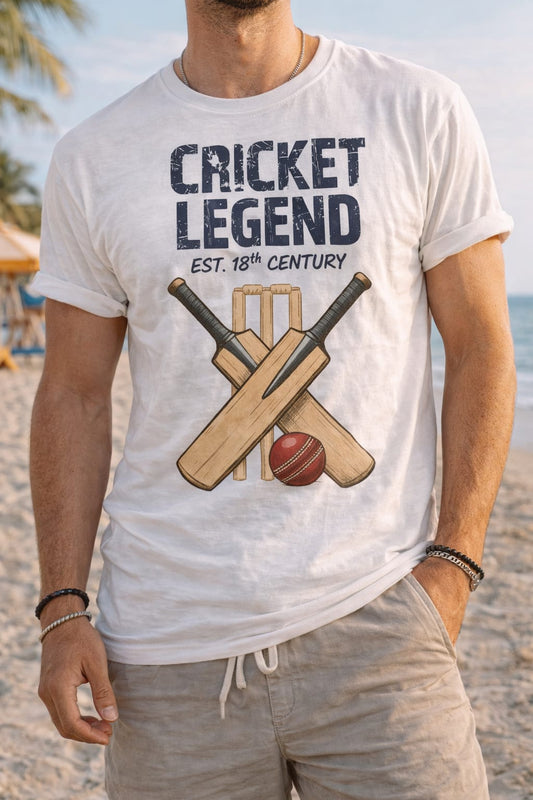 Cricket Legend vintage graphic T-shirt with crossed bats, stumps and ball artwork