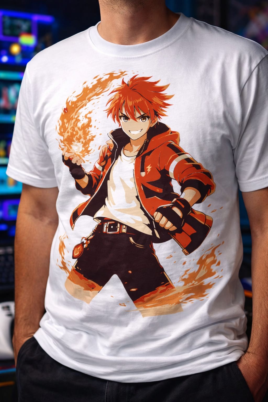 Fiery anime hero graphic T-shirt with red-haired character surrounded by bold flame design