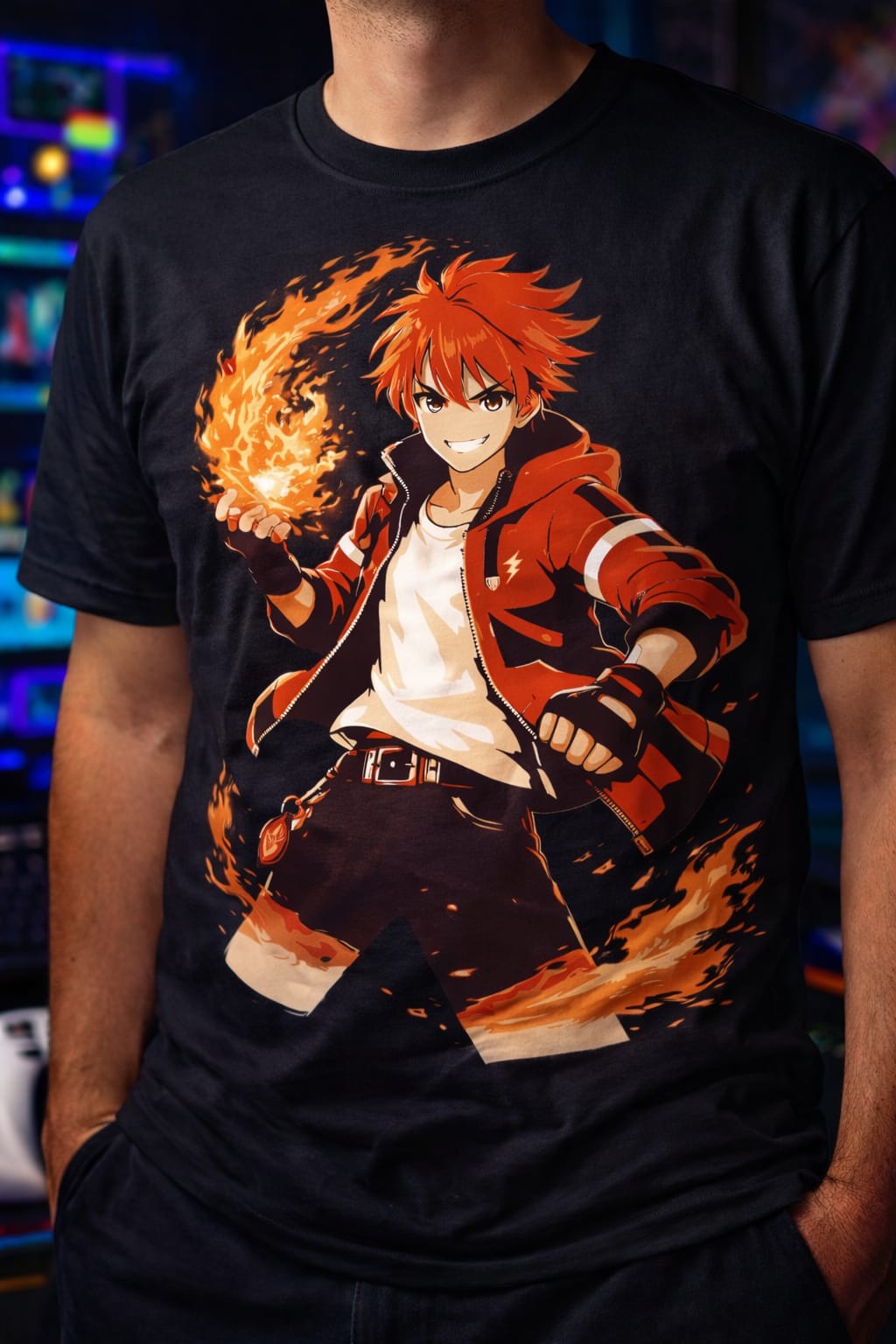 Anime-inspired red and black flame tee for fans of streetwear and gaming fashion