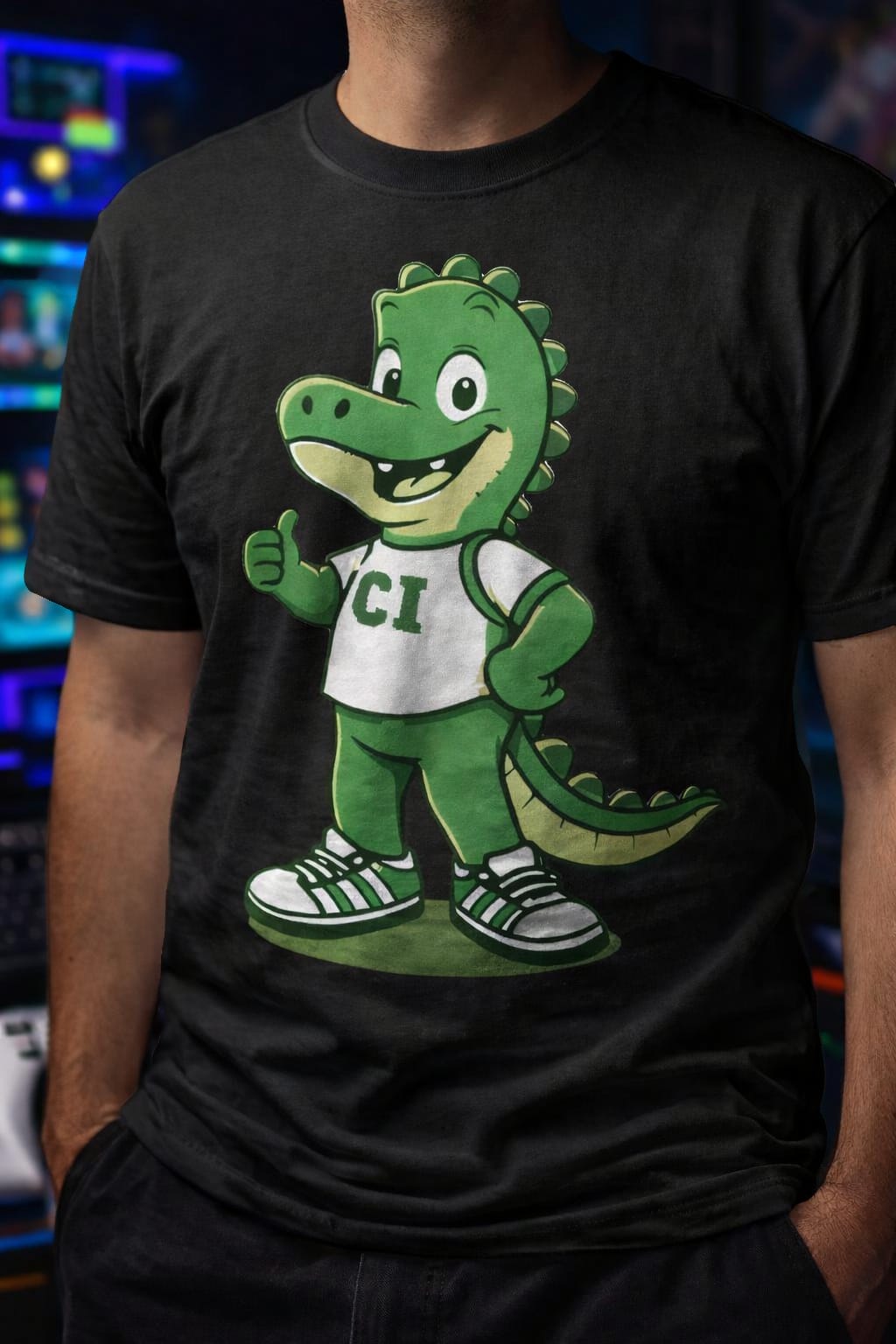 White T-shirt with cheerful green alligator mascot giving thumbs up and CI Edition branding