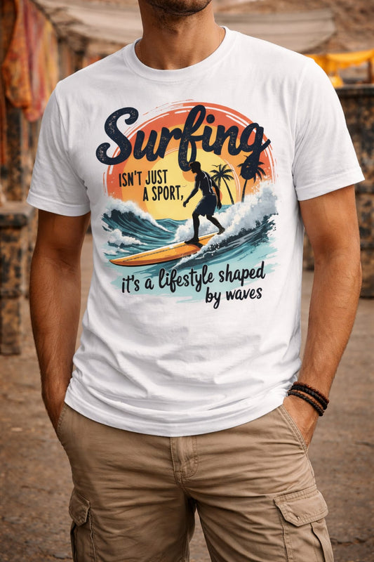 Surfing Lifestyle graphic tee with surfer silhouette, sunset waves and palm tree design