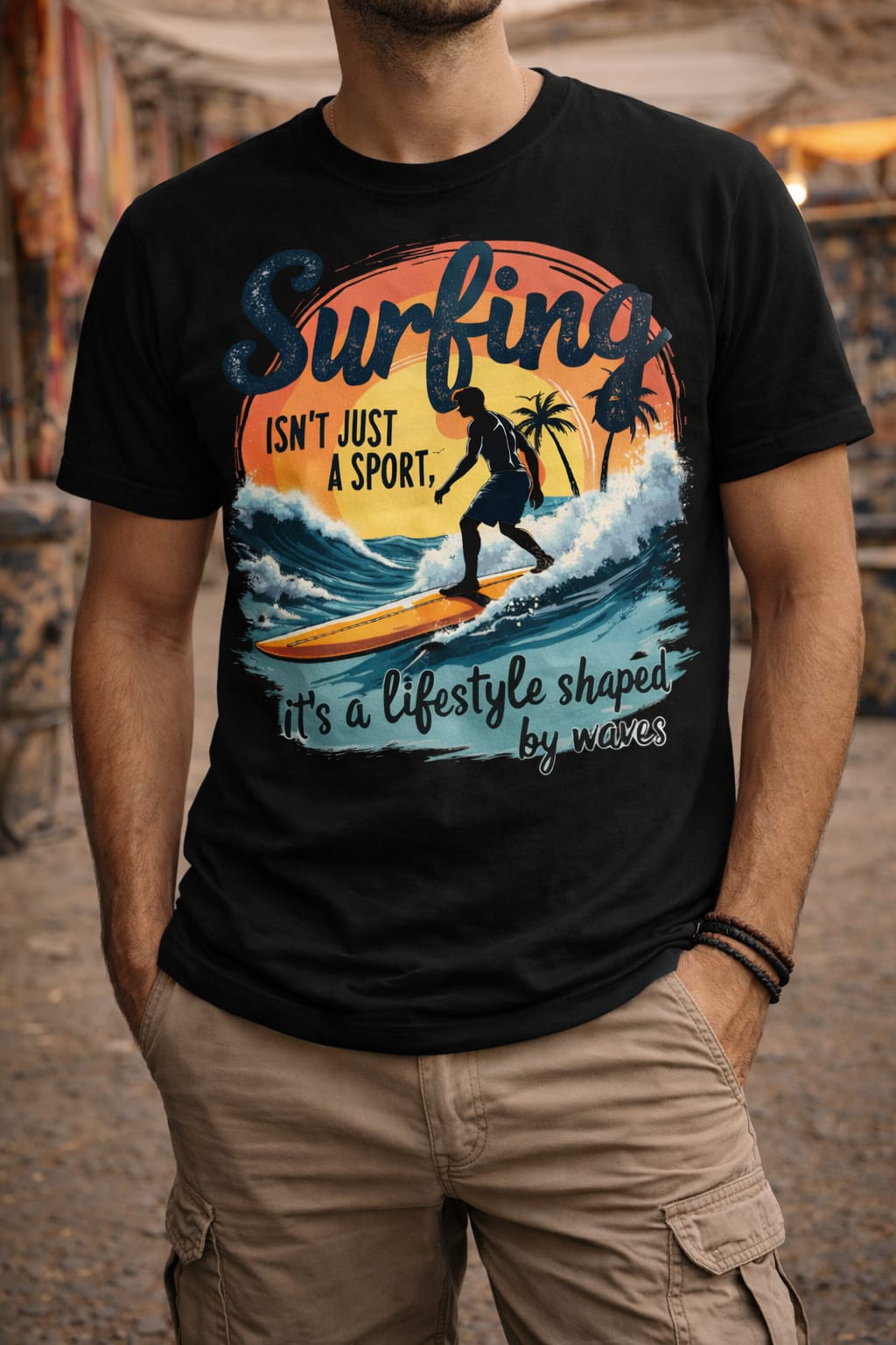 Ride the Wave surf cotton T-shirt with ocean lifestyle artwork and motivational text