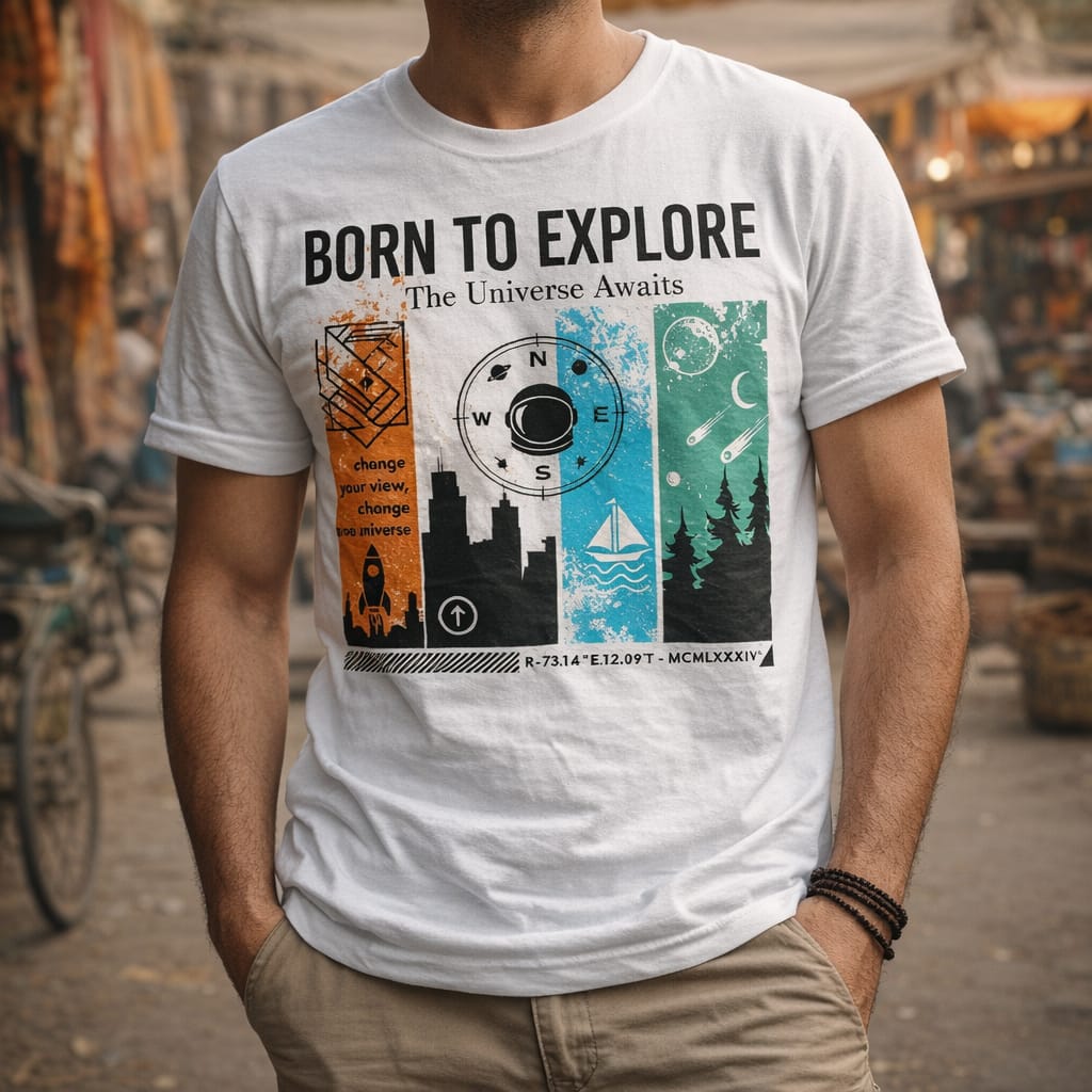 Born to Explore adventure T-shirt with urban nautical cosmic and nature multi-scene artwork