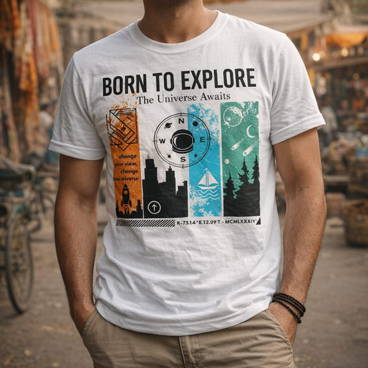Born to Explore adventure T-shirt with urban nautical cosmic and nature multi-scene artwork