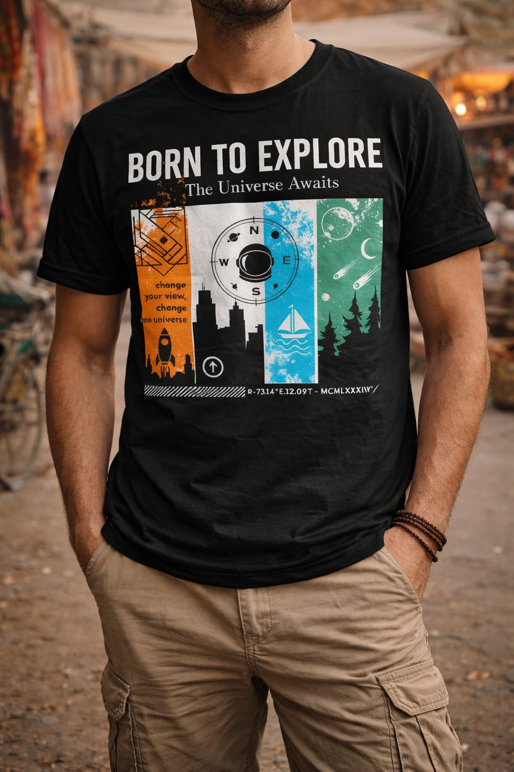 The Universe Awaits exploration tee with artistic storytelling design for travel lovers