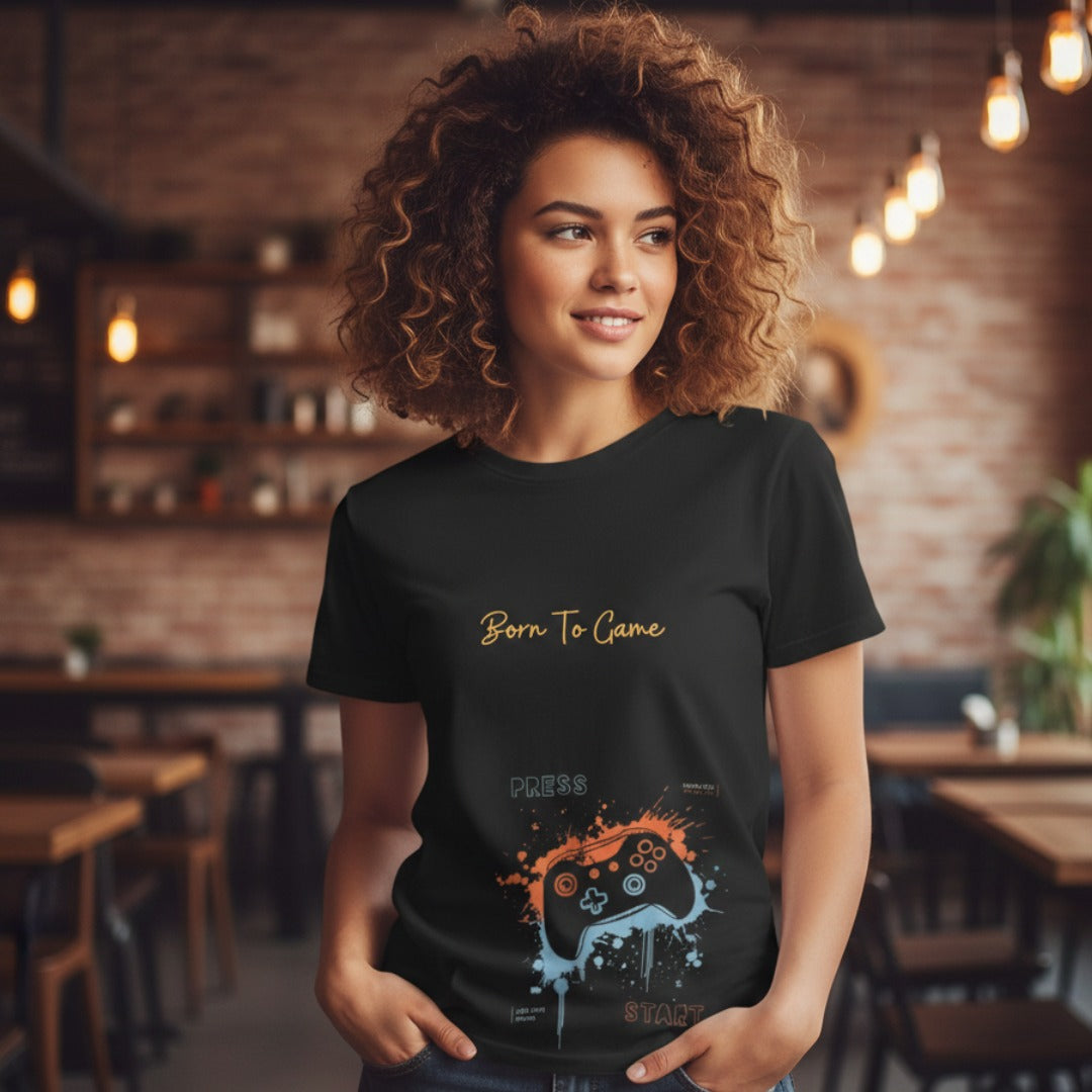 Born To Game graphic tee with arcade-style controller and press start design