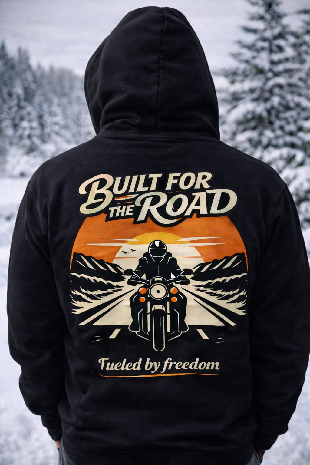 Fueled By Freedom biker sweatshirt with vintage sunset road trip back print graphic