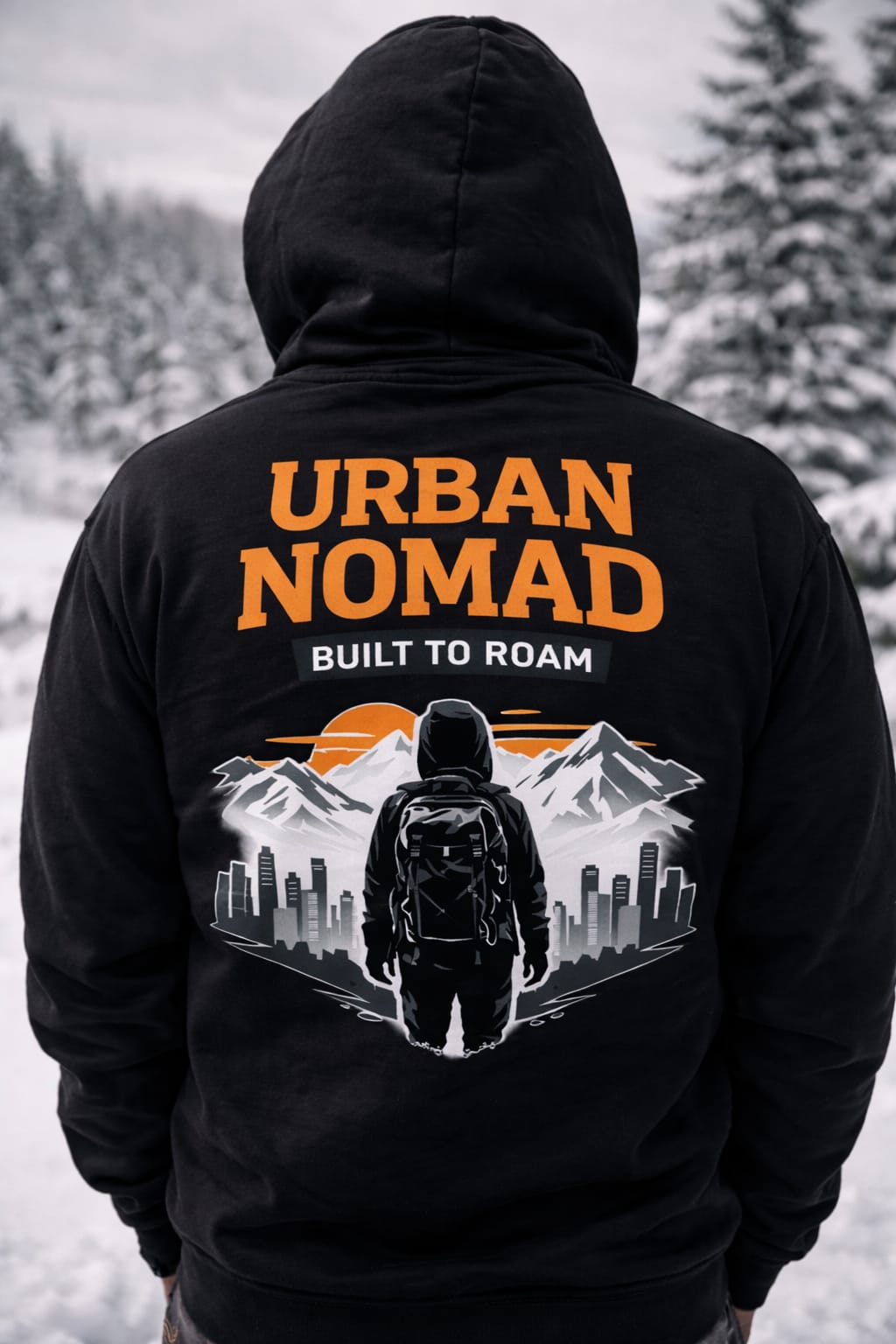 Urban Nomad Built To Roam white hoodie with backpacker skyline and mountain sunset back print