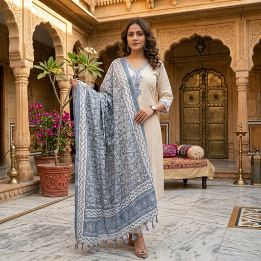 Women’s Embroidered Kora Cotton Kurta Pant Dupatta Set