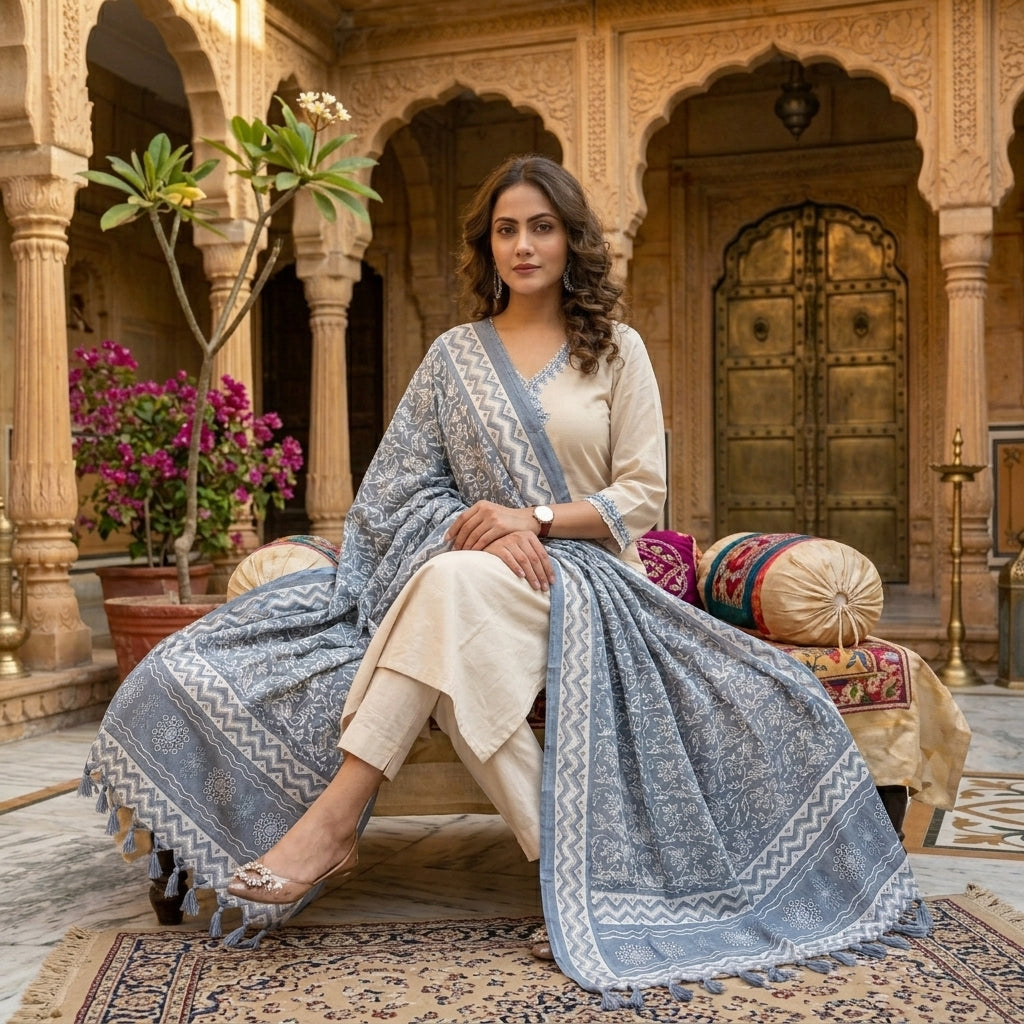 Women’s Embroidered Kora Cotton Kurta Pant Dupatta Set